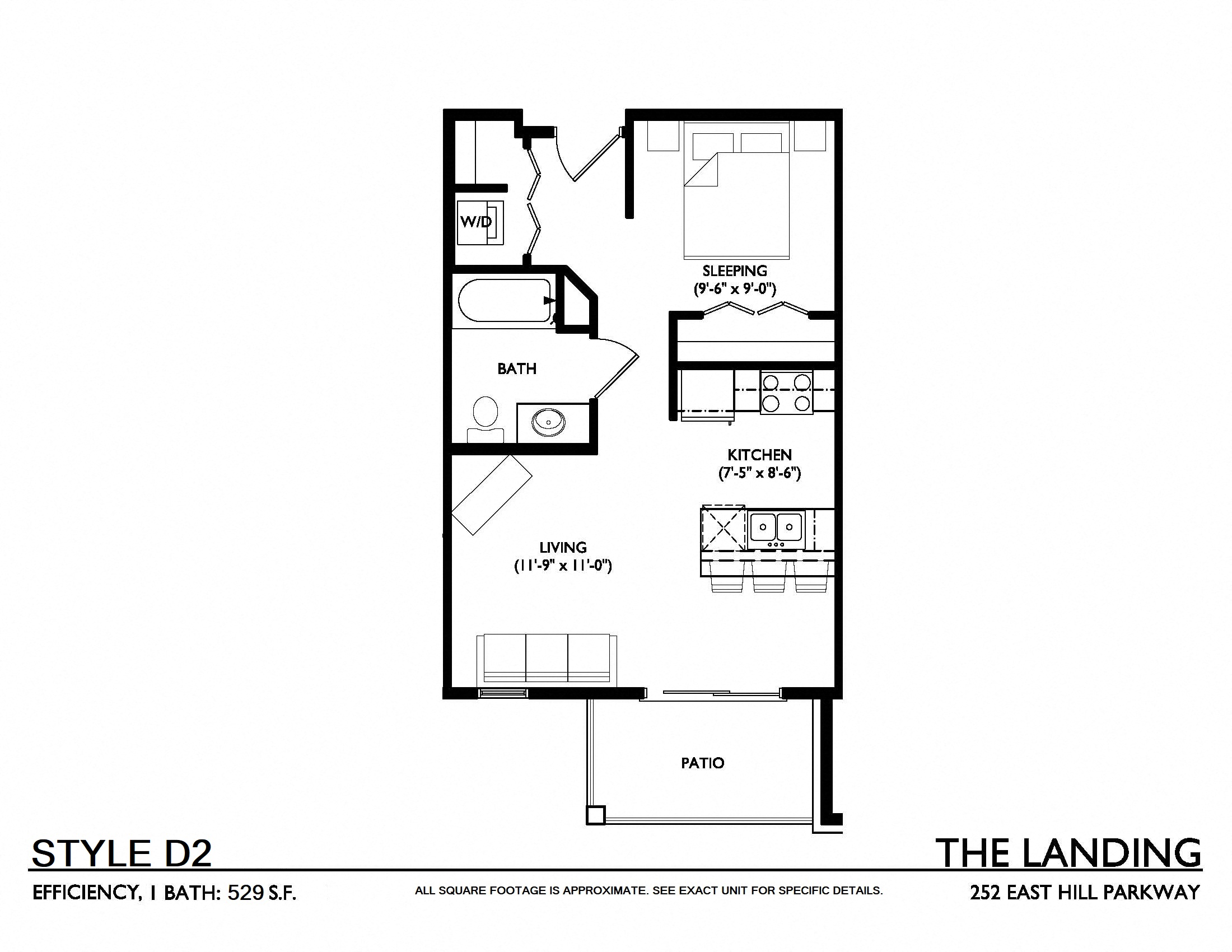 Floor plan for studio, 1 bath, 529 sqft